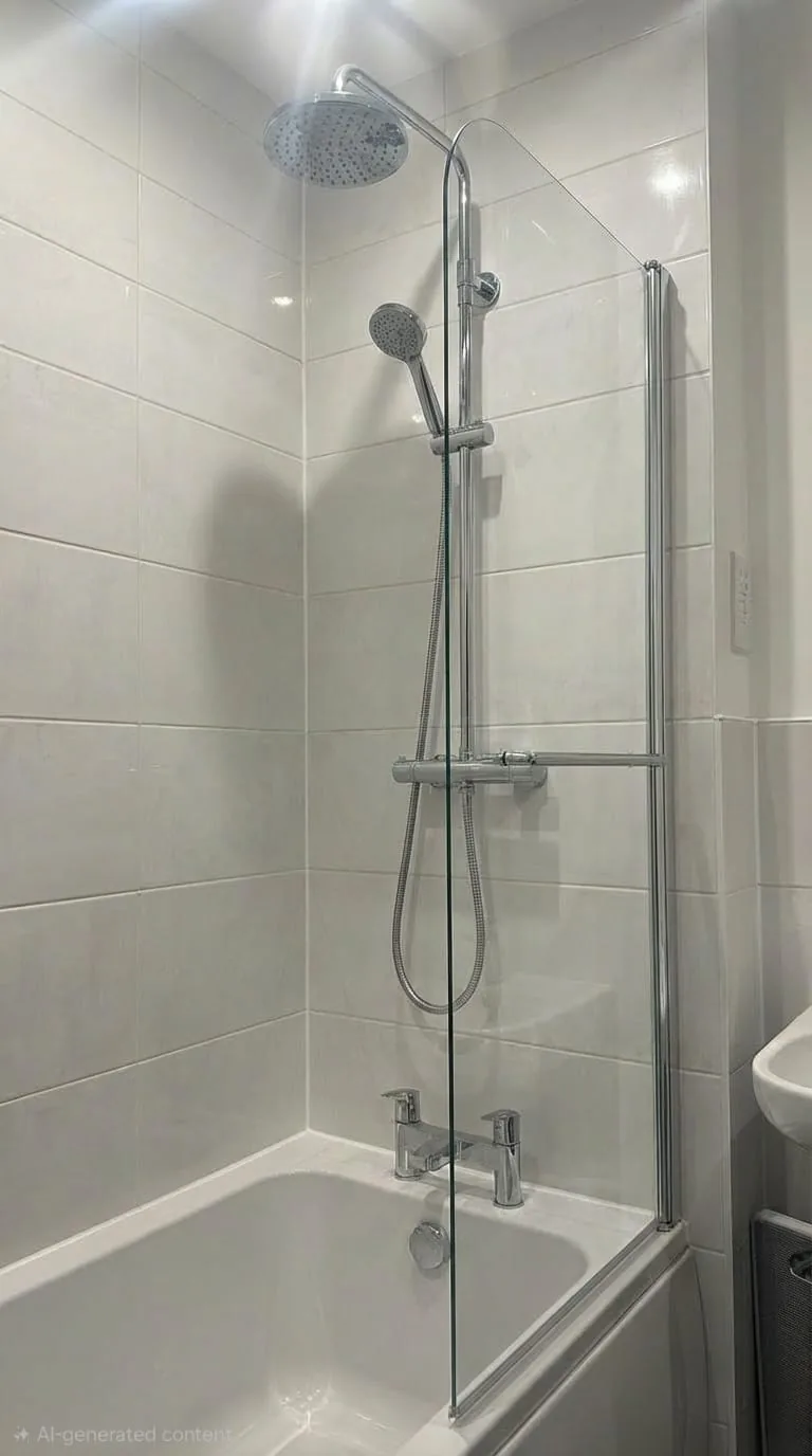 New bath with chrome thermostatic shower and white metro tiling installed by a plumber in King's Lynn