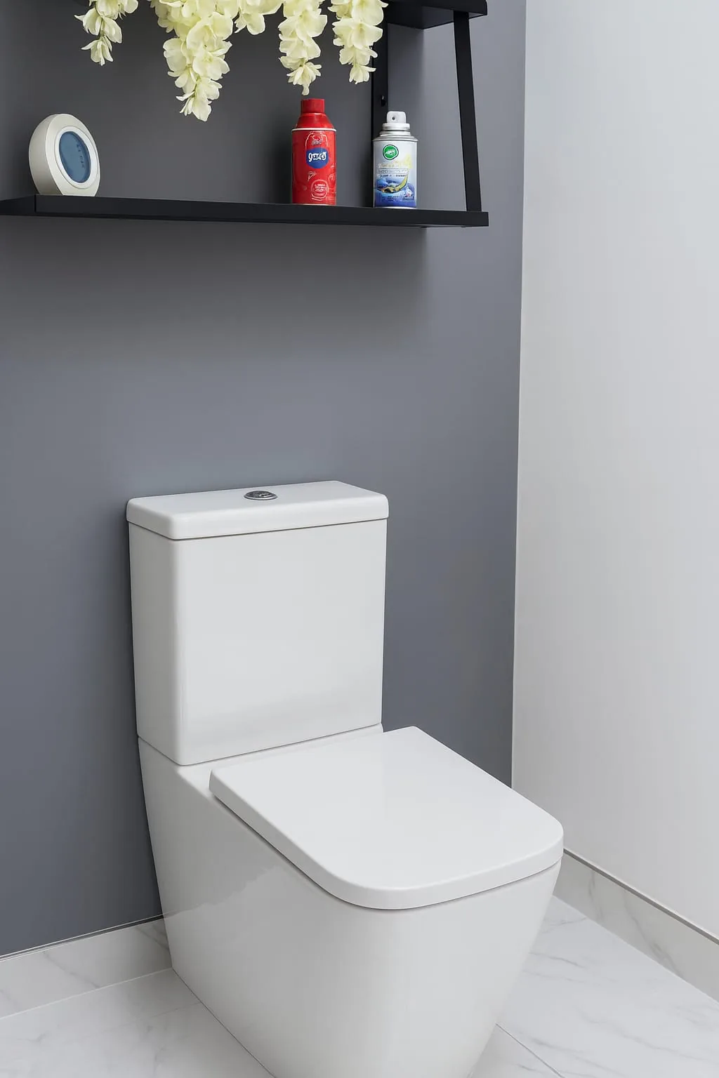 Modern white back-to-wall toilet installed against a grey wall with a black shelf above